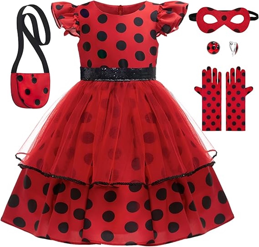 Baby Clothing Sizes - 女の子コスプレ衣装水玉赤いドレスバッグ手袋マスクイヤリング子供のためのバグハロウィン誕生日ドレスアップ
