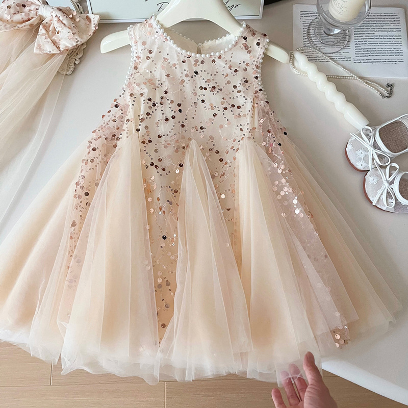Baby Clothing Dresser - 夏の新しい女の赤ちゃんパールメッシュノースリーブドレス子供女の子レースとパール飾りファッションベストスタイルプリンセスドレス 2-8 歳