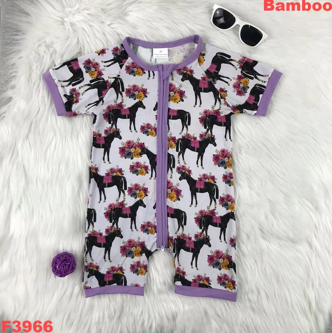 Bamboo Bodysuit Baby - ベビーガールボーイズ竹ロンパースキッズ半袖西洋花馬竹ワンピースジャンプスーツ